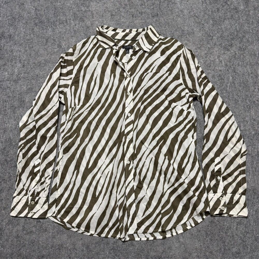 Talbots Womens Cotton Front Shirt Size M White Black Zebra Print Chiffon